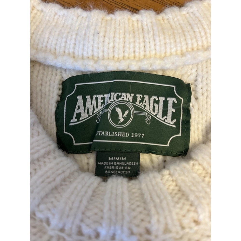 American‎ Eagle Cable Knit Sweater Cream Ivory Chunky Knit Crewneck Size M - Picture 3 of 5